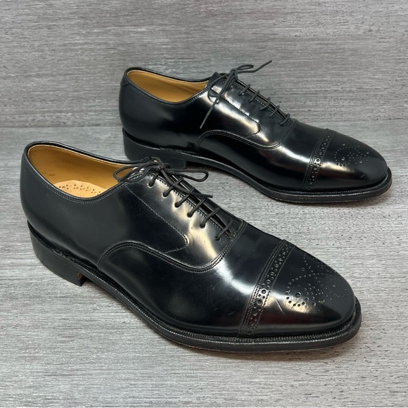 Johnston & Murphy Oxford Brogue Men’s Black Leather Cap Toe Dress Shoe Size 8.5 - Picture 1 of 11